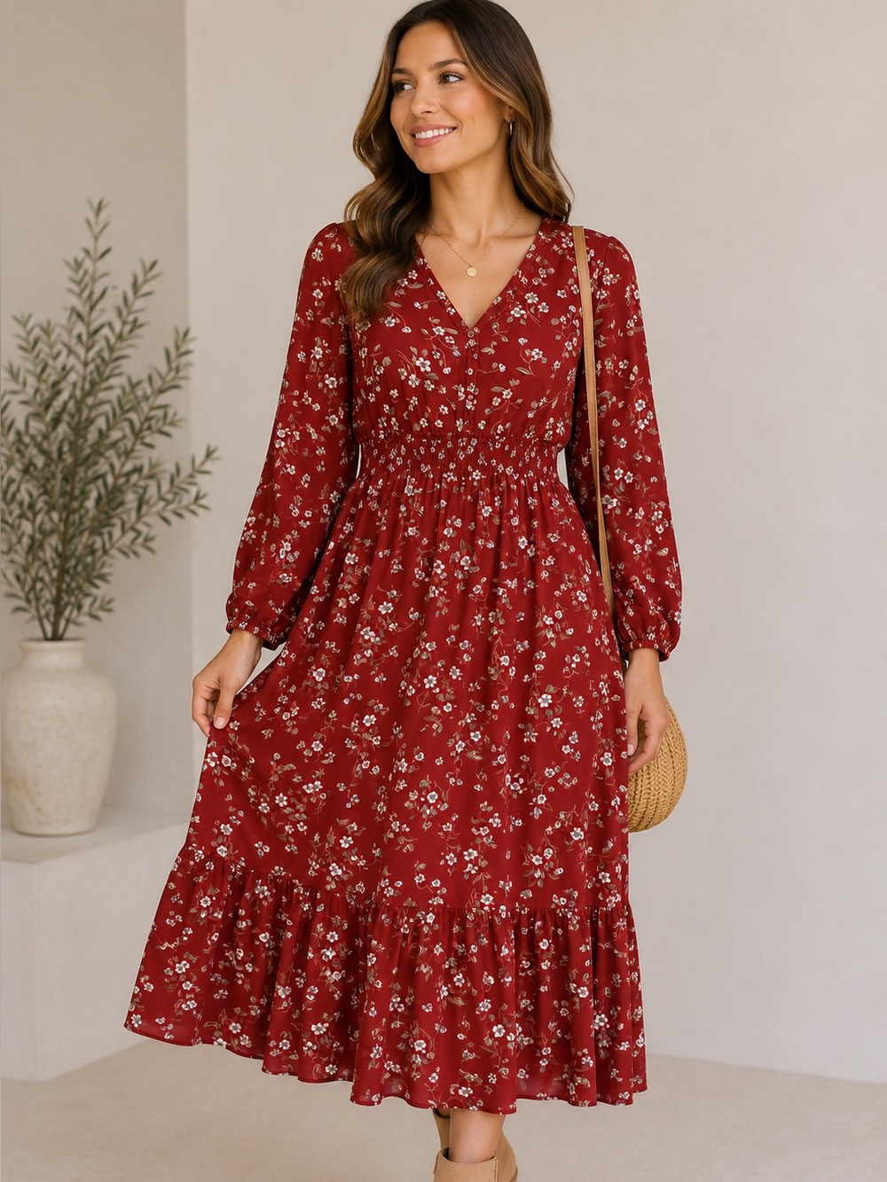 Red Floral Long Sleeve Smocked Waist Dress